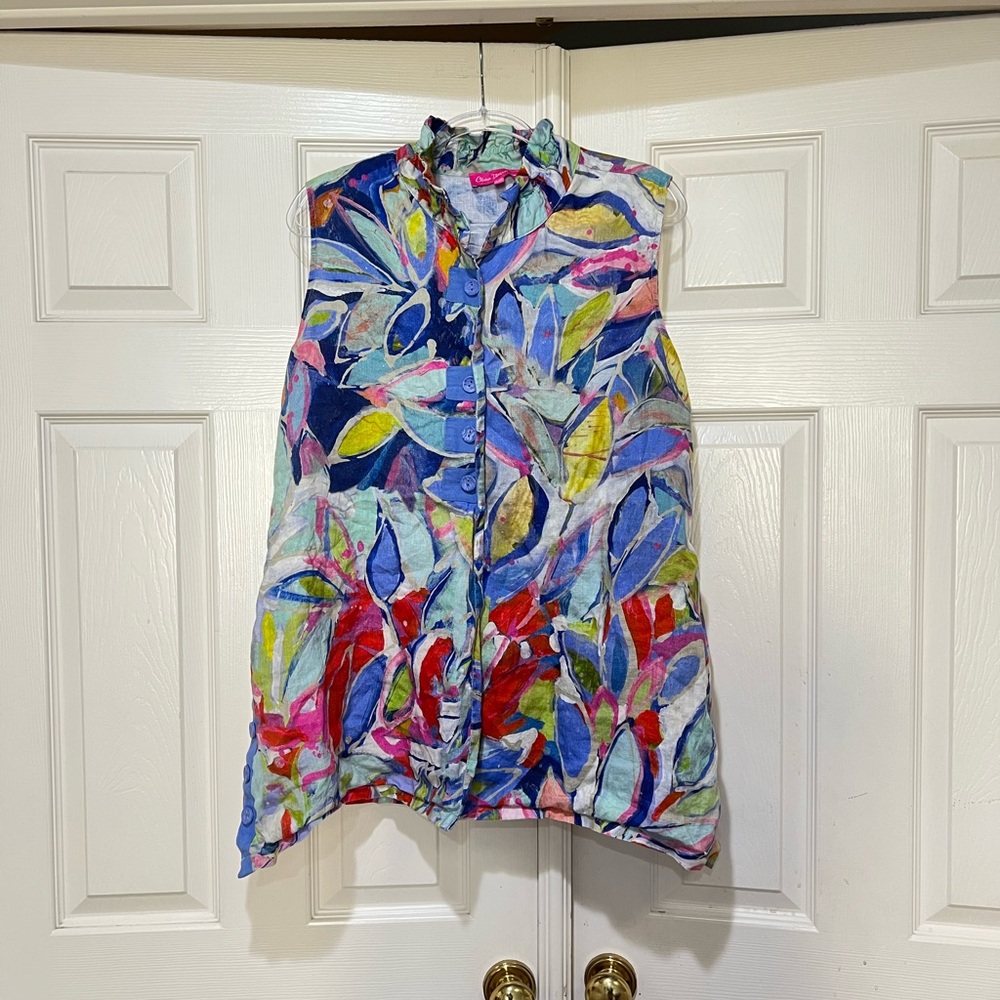 Claire Desjardins Party August Lagenlook Linen Button Tunic WOMEN XXL COASTAL